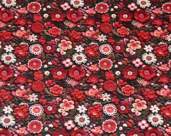 Cork 5"x11" Embroidery Look RED Roses, Cream and pink flowers on Dark Brown on cork applied to leather 5.5oz/2.2mm PeggySueAlso® E5610-618