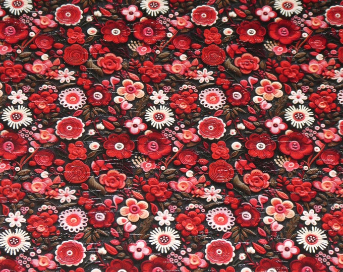 Cork 3-4-5 or 6 sq ft Embroidery Look RED Roses Cream & pink flowers on Dk Brown cork applied to leather 5.5oz/2.2mm PeggySueAlso® E5610-618