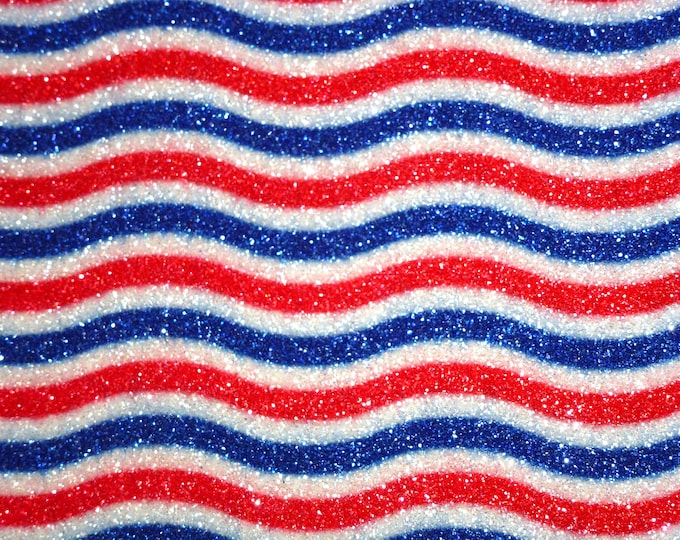 Fine GLITTER 8"x10" Flag inspired Red and Blue wavy lines on WHITE applied to cowhide Leather Thick 5.5oz/2.2mm PeggySueAlso® E4355-75