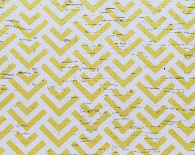 CORK 8"x10" Geometric Yellow Chevron on off white Cork on Leather Thick 5.5oz/2.2mm E5610-422