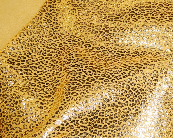 Metallic Leopard 3-4-5 or 6 sq ft GOLD Metallic LEoPARD on MUSTARD Suede Cowhide Leather 3.5-3.75 oz/1.4-1.5 mm PSA E2550-64 hides too