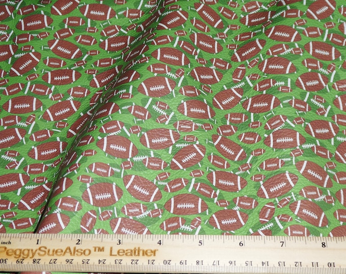 Leather 3-4-5-6 sqft FOOTBALLS on GREEN (largest footballs 1.25" across) cowhide 2.5-3 oz / 1-1.2 mm PeggySueAlso E1230-02  hides available