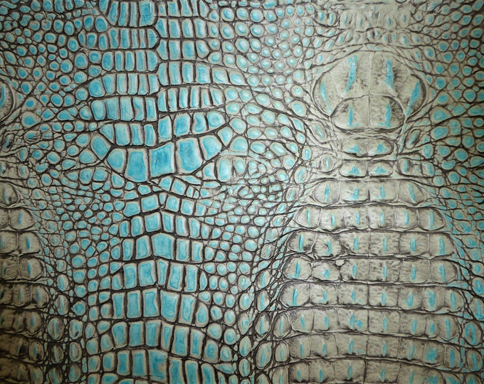 ALLIGATOR 12"x12" TURQUOiSE with GRAY Croc Embossed Cowhide Leather 2.75-3.25oz/1.1-1.3 mm  PeggySueAlso E2860-06 hides available