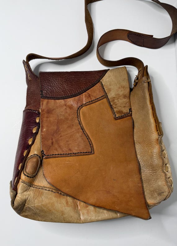 Handmade Leather Patchwork Vintage Crossbody Bag,… - image 10