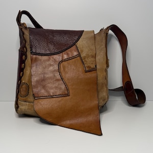 Handmade Leather Patchwork Vintage Crossbody Bag, Artisan Boho Earth Tone Shoulder Purse