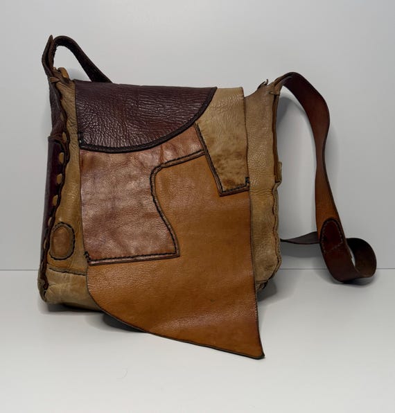 Handmade Leather Patchwork Vintage Crossbody Bag,… - image 1