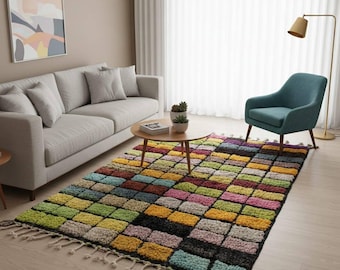 Handmade Moroccan Patchwork Rug – Colorful Wool Berber Carpet, Boho Geometric Area Rug, Modern Ethnic Home Decor