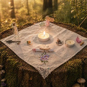 May include: A lit candle and various small objects are arranged on a white cloth with a floral embroidery and lace trim, set on a moss-covered tree stump. A small glass bottle, a key, and a scroll are also present.