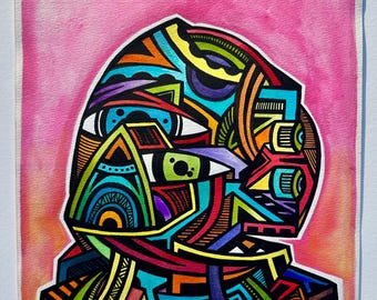 ROBOT BOY - Original Mixed Media Drawing on 9x12 Arches Watercolor Paper -