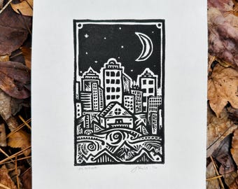 ATL by Night | 6x8 Linoleum Block Print | Limited Edition | Ink on Paper