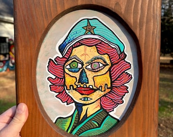 THE GOOD NURSE - Original Mixed Media Painting on Wood - Vintage Handmade Frame 10.5 X 12.5