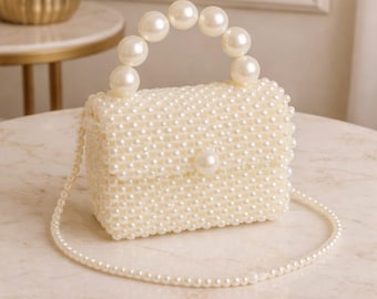 Handmade Pearl Beaded Handbag | Off White Pearl Purse with Handle | Bridal Wedding Bag | Elegant Evening Clutch Gift