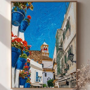 Mediterran Street Impasto Kunst, Blaue Blumentöpfe, Spanische Wandkunst (Digitaler Download)