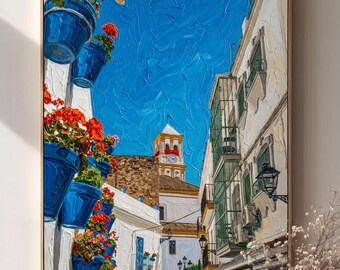 Mediterranean Street Impasto Art, Blue Flower Pots, Spanish Wall Art (Digital Download)