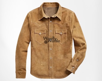 Men Suede Trucker Shirt Real Cowhide Suede Leather Jacket | Gift for him
