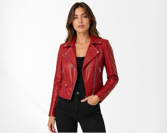 Women’s Red Leather Biker Jacket | Real Lambskin Moto Jacket | Cropped Motorcycle Coat