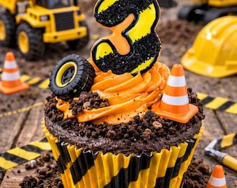 Construction Theme Number Candle: Glitter Birthday Cake Topper