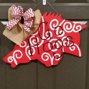 Razorback Door Hanger with Bow - door hanger door decor razorback arkansas go hogs door wreath wood door hanger go hogs