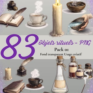 May include: An illustration featuring various ritual objects, including a lit candle, a teacup with steam, an open book, inkwell with a feather quill, and bottles. The text reads "83 Objets rituels - PNG Pack 01".