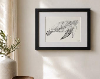 Ilustración marina de tortuga en puntillismo · Original enmarcado y reproducciones de alta calidad · Lámina A4 · Nawet