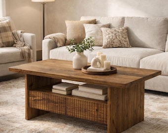 Solid Wood Coffee Table with Drawers 2 Tier Rectangle Storage