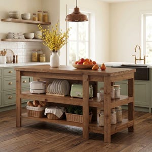 May include: A rectangular wooden kitchen island with two open shelves featuring a white electric pot, a dish rack with plates, a light green toaster, woven baskets with bread and plants, and glass jars filled with dry goods on the lower levels.