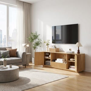 May include: A modern living room featuring a light wood entertainment center with open shelving and a slatted door. A large flat-screen TV is mounted above the unit. A gray sofa, round coffee table, and patterned rug complete the space.