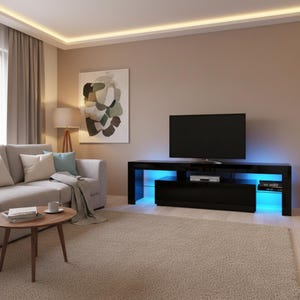 May include: A modern living room featuring a black TV stand with blue LED lighting. The stand has a sleek, glossy finish and a built-in drawer. A large flat-screen TV sits atop the stand. The room also includes a gray sofa, a round coffee table, and a beige carpet.