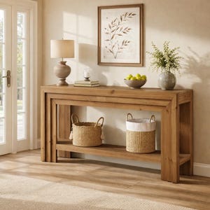 May include: A wooden console table with a lower shelf, holding two woven baskets. A lamp, framed artwork, and a vase with flowers sit on the table. The room has a neutral color palette with a rug on the floor.