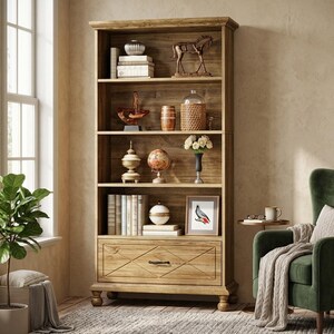Bookcase with Drawer, Cozy 5-Shelf Bookshelf with Solid Wood Legs