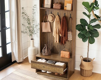 Hall Tree with Bench, Farmhouse Entryway Coat Rack