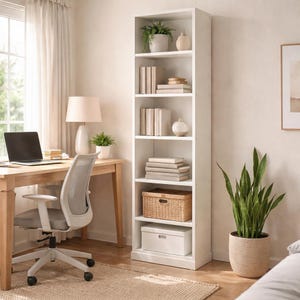 May include: A white bookshelf with six shelves, filled with books, decorative items, and a woven basket. A desk with a laptop and a gray office chair are in the foreground. A potted plant and a lamp are on the desk. A tall snake plant in a woven pot is on the right.