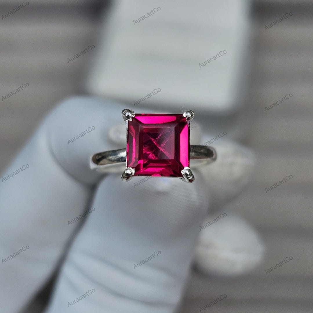 Square Cut Ruby Ring, 925 Solid Sterling Silver Promise Ring, Gift for ...