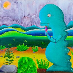 May include: A turquoise blue monster with a large, round body and a long, thin tail is standing in a desert landscape. The monster is holding a melting ice cream cone in its hand. The background features a bright blue sky with a yellow sun, green hills, and brown sand.