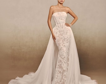 2 in 1 Lace Mermaid Ethereal Wedding Dress with Detachable Tulle Overskirt Strapless Corset Bridal Gown Sequin Embroidered Lace Custom Made