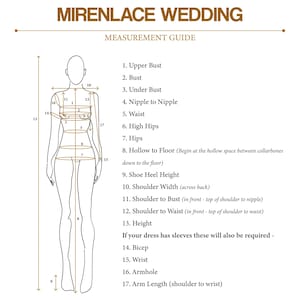 May include: A Mirenlace Wedding measurement guide featuring a line drawing of a human figure with numbered arrows indicating seventeen specific body measurements, including upper bust, waist, hips, and arm length, with text labels for each point.