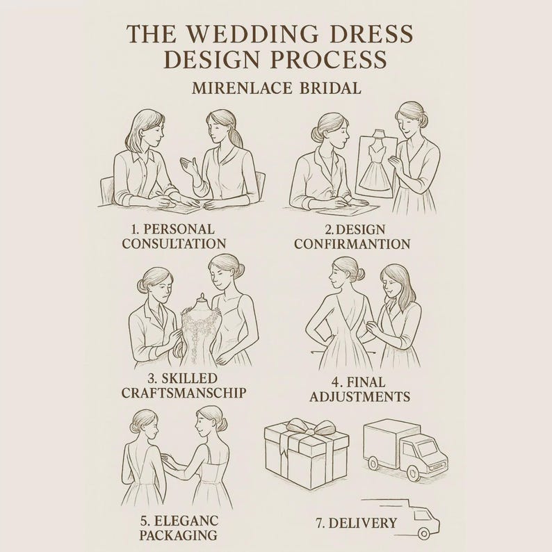 Peut inclure: Une infographie beige intitul&eacute;e THE WEDDING DESIGN PROCESS MIRENLACE BRIDAL avec sept illustrations au trait montrant les &eacute;tapes : 1. PERSONAL CONSULTATION, 2. DESIGN CONFIRMANTION, 3. SKILLED CRAFTSMANSHIP, 4. FINAL ADJUSTMENTS, 5. ELEGANC PACKAGING, 7. DELIVERY.