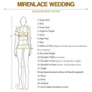 Peut inclure: Un guide de mesure Mirenlace Wedding pr&eacute;sentant un dessin au trait d'une silhouette humaine avec des fl&egrave;ches num&eacute;rot&eacute;es indiquant dix-sept mesures corporelles sp&eacute;cifiques, dont le buste, la taille, les hanches et la longueur des bras.