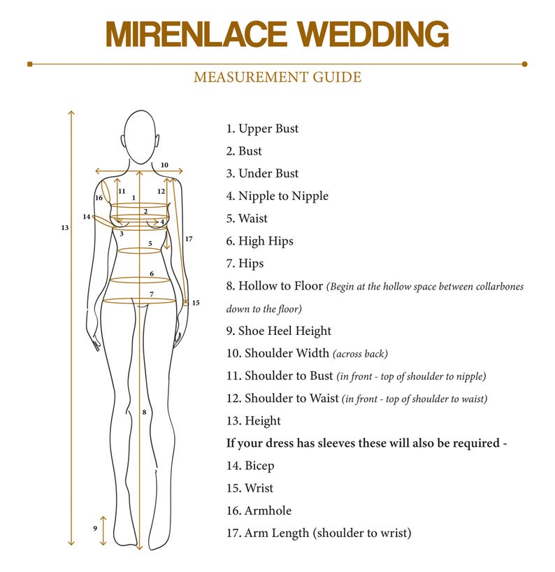 Peut inclure: Un guide de mesure Mirenlace Wedding pr&eacute;sentant un dessin au trait d'une silhouette humaine avec des fl&egrave;ches num&eacute;rot&eacute;es indiquant dix-sept mesures corporelles sp&eacute;cifiques, dont le buste, la taille, les hanches et la longueur des bras.