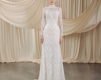 Robe de mariée de luxe en dentelle à col haut pour palais de justice avec surjupe amovible robe de mariée en cristal à manches longues corset dos sur mesure
