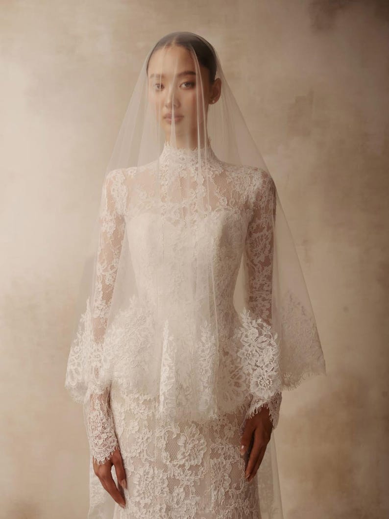 Peut inclure: Une robe de mari&eacute;e en dentelle blanche avec un col montant, des manches longues et un d&eacute;tail de basque &agrave; la taille. Le v&ecirc;tement est orn&eacute; de motifs floraux complexes sur tout le corsage et les manches, accompagn&eacute; d'un voile de mari&eacute;e transparent.