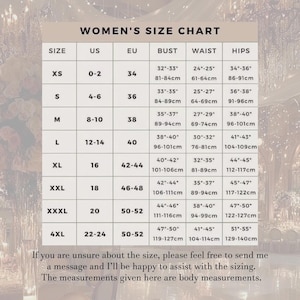 Peut inclure: Un tableau de guide des tailles avec des colonnes pour la taille, US, EU, buste, taille et hanches, listant les mesures de XS &agrave; 4XL en pouces et centim&egrave;tres. Le texte indique : Women's Size Chart. If you are unsure about the size, please feel free to send me a message and I'll be happy to assist with the sizing. The measurements given here are body measurements.