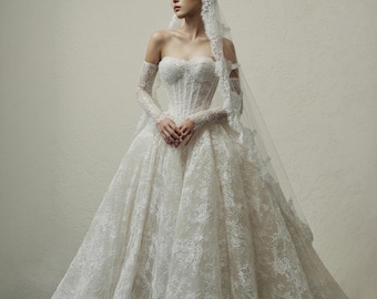 Ethereal fairy fairytale fantasy Wedding Dress Pearl Beaded Corset Bridal Gown Romantic Princess Ball Gown