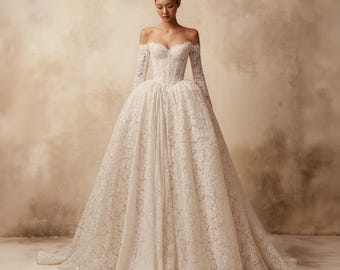 Robe de mariée fantaisie en dentelle à épaules dénudées, robe de bal à paillettes, corset de luxe, robe de mariée sur mesure