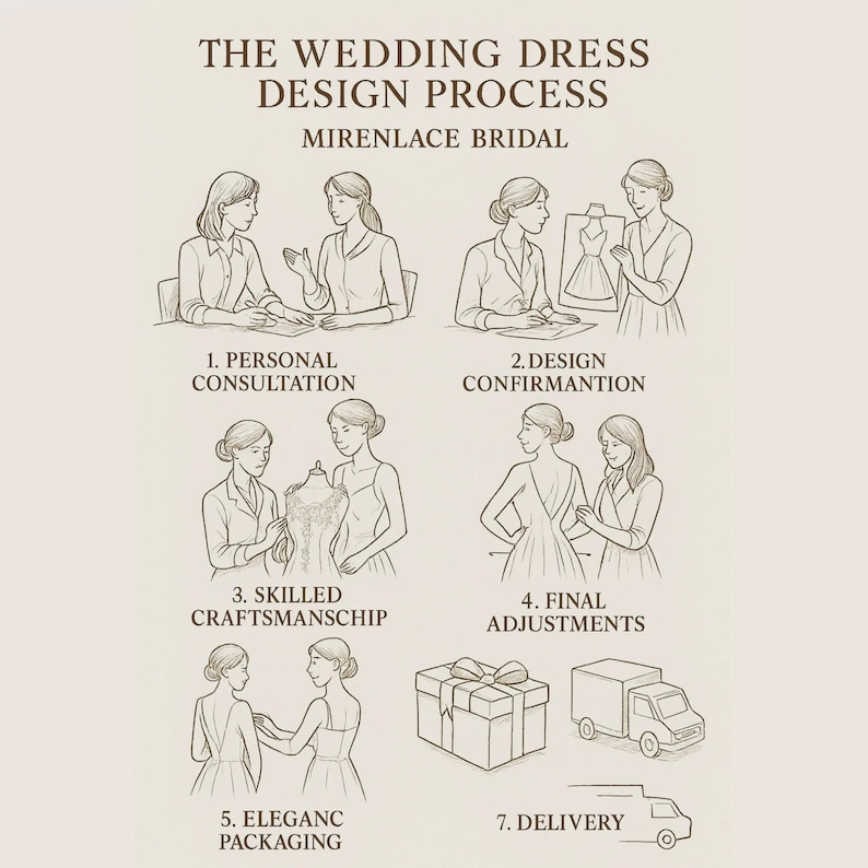 Peut inclure: Une infographie beige intitul&eacute;e THE WEDDING DESIGN PROCESS MIRENLACE BRIDAL avec sept illustrations au trait montrant les &eacute;tapes : 1. PERSONAL CONSULTATION, 2. DESIGN CONFIRMANTION, 3. SKILLED CRAFTSMANSHIP, 4. FINAL ADJUSTMENTS, 5. ELEGANC PACKAGING, 7. DELIVERY.