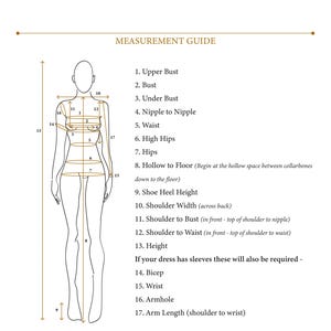 Peut inclure: Un guide de mesure illustr&eacute; avec un dessin au trait d'une silhouette humaine et dix-sept fl&egrave;ches num&eacute;rot&eacute;es indiquant des mesures corporelles sp&eacute;cifiques. Le texte inclut des &eacute;tiquettes pour le buste, la taille, les hanches et les bras.