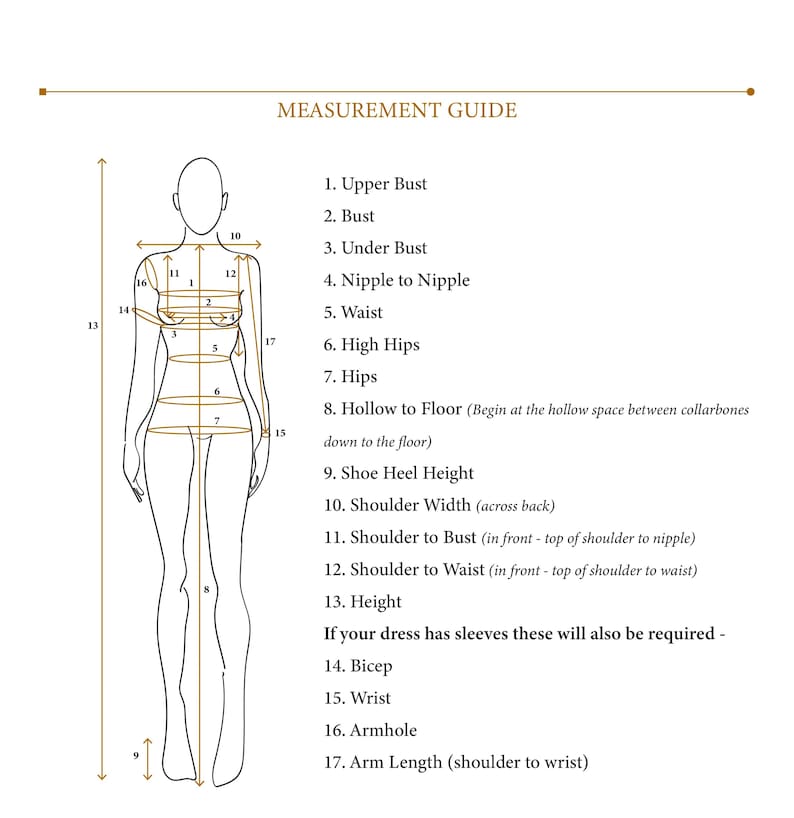 Peut inclure: Un guide de mesure illustr&eacute; avec un dessin au trait d'une silhouette humaine et dix-sept fl&egrave;ches num&eacute;rot&eacute;es indiquant des mesures corporelles sp&eacute;cifiques. Le texte inclut des &eacute;tiquettes pour le buste, la taille, les hanches et les bras.