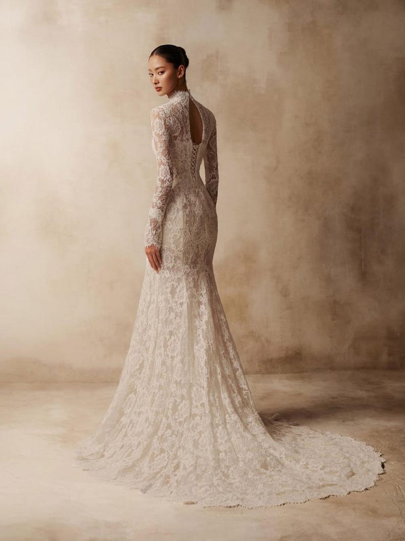 Peut inclure: Une robe longue en dentelle blanche avec des manches longues, un col montant et une ouverture en forme de goutte dans le haut du dos. La robe pr&eacute;sente un corsage ajust&eacute; avec un la&ccedil;age de type corset et une jupe &eacute;vas&eacute;e se terminant par une tra&icirc;ne.