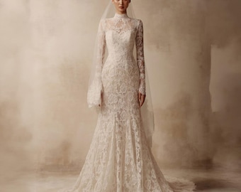 Robe de mariée sirène en dentelle à col haut, robe de mariée à manches longues, robe de mariée éthérée pour palais de justice, vintage