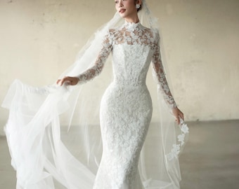 Robe de mariée fantaisie conte de fées en dentelle modeste avec manches robe de mariée sirène col haut sur mesure